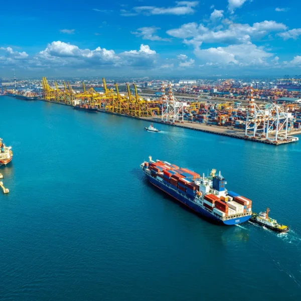 Aerial view cargo ship cargo container harbor 600x600