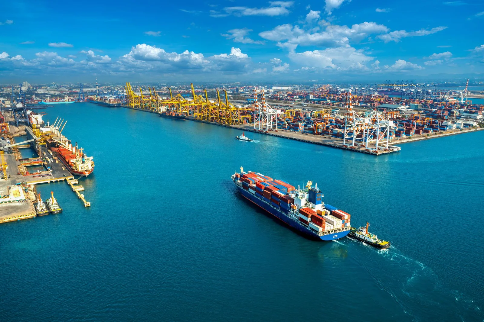 Aerial view cargo ship cargo container harbor